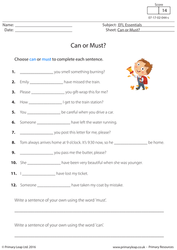English Worksheet - Can or Must?