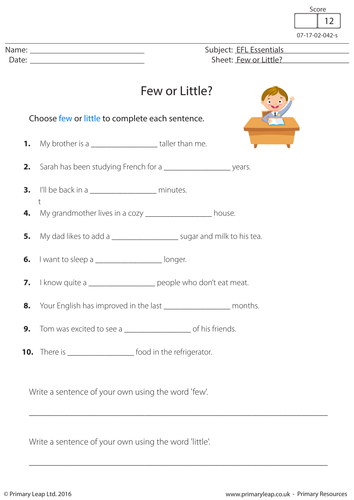 English Worksheet - Few or Little?