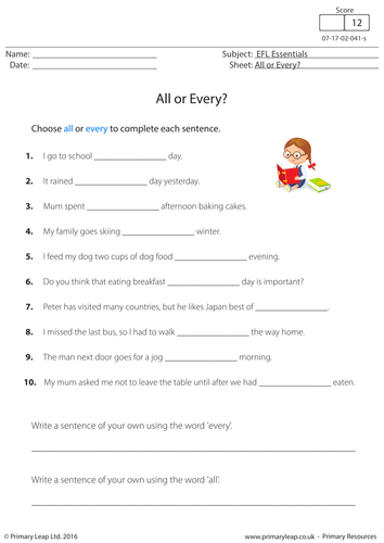 English Worksheet All Or Every Teaching Resources