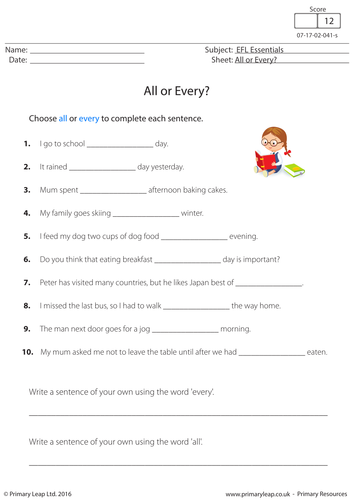 English Worksheet - All or Every?
