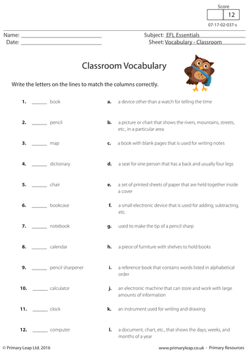 English Resource - Classroom Objects: Vocabulary