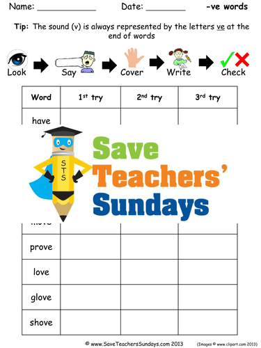 -Ve Words Spelling Worksheets and Dictation Sentences for Year 1