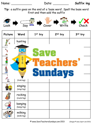 Suffix -ing Words Spelling Worksheets and Dictation Sentences for Year 1