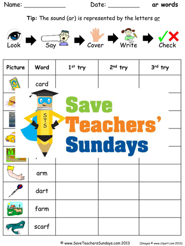 ar words spelling worksheets and dictation sentences for