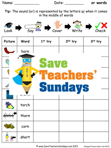 Or Words Spelling Worksheets and Dictation Sentences for Year 1