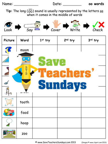 Long oo Words Spelling Worksheets and Dictation Sentences for Year 1