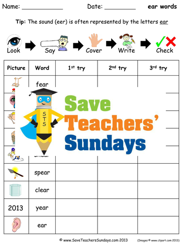 Ear Words Spelling Worksheets and Dictation Sentences for Year 1
