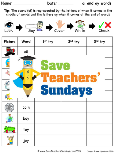 Oi and Oy Words Spelling Worksheets and Dictation Sentences for Year 1