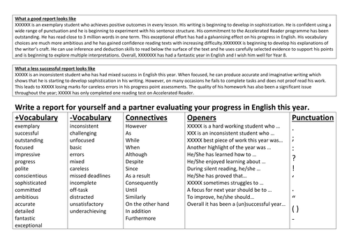 Writing a report to self assess English progress. VCOP and exemplars.