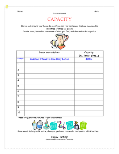 Capacity homework ideas image