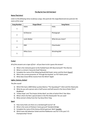 End of the Year Quiz - Year 5 and 6