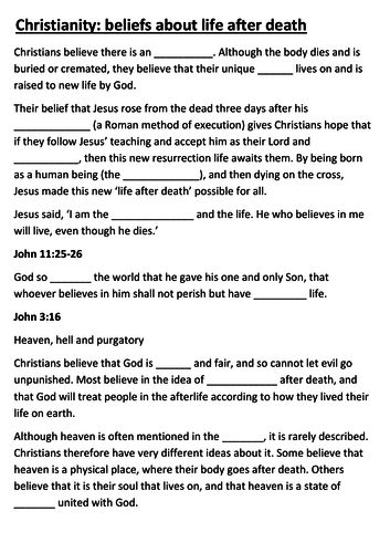 Christianity Beliefs about life after death Cloze Activity