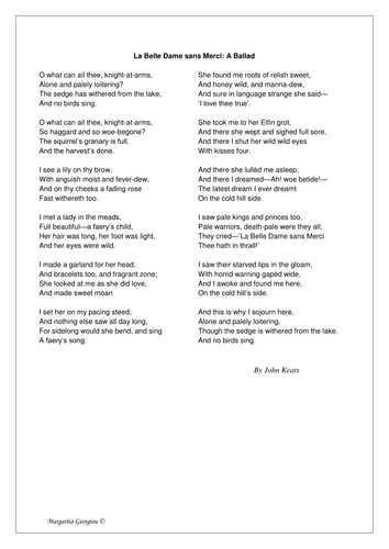 La Belle Dame Sans Merci poem and worksheets