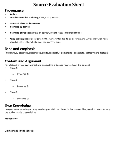 AQA History A-Level Source Evaluation Sheet - Year 2