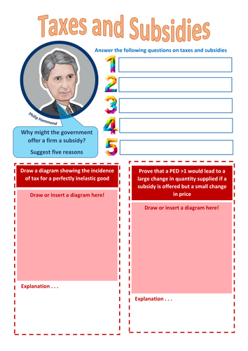Taxes and Subsidies Worksheet with Teacher Answers and Extension Task