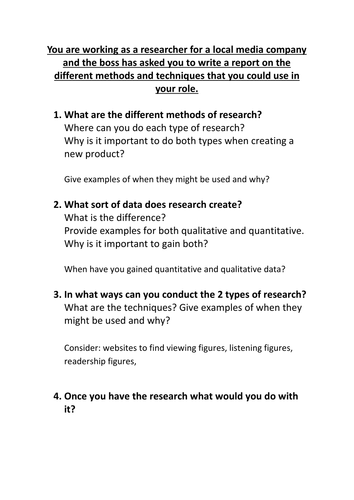 Research Techniques Media studies - primary & secondary research - quantitiave & qualitative data