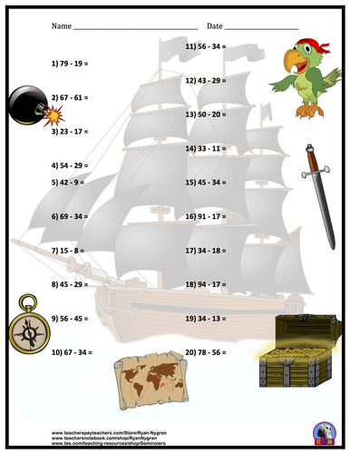 Two Digit Addition and Subtraction Worksheet Bundle - Pirates (60 Pages)