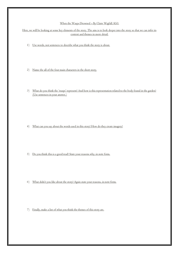 Questions based on the short story 'When the wasps drowned' by Claire Wigfall.