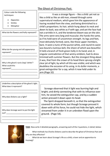 GCSE 'A Christmas Carol' worksheet with questions to annotate the meaning of the three spirits