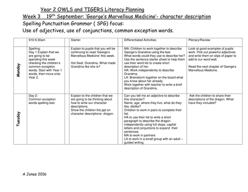 George's Marvellous Medicine Character descriptions weekly lesson plan Year 2