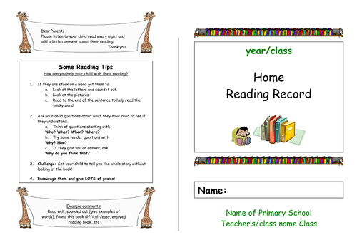 Home Reading record with tips for parents