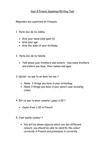 Christmas exam year 7  French Speaking and Writing task