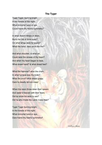 William Blake 'The Tiger/Tyger' poem, tasks and answers