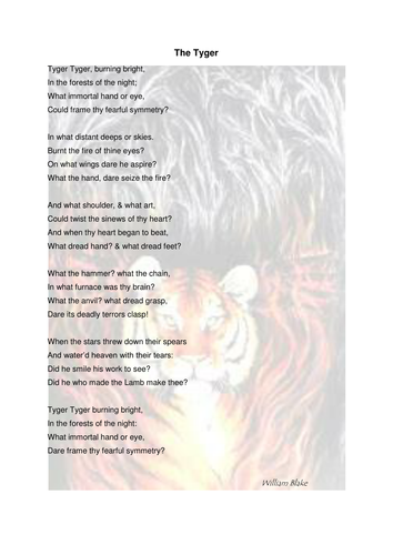 William Blake The Tiger Tyger Poem Tasks And Answers Teaching Resources