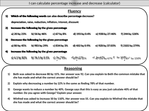 Percentage increase and decrease (calculator) - mastery worksheet by