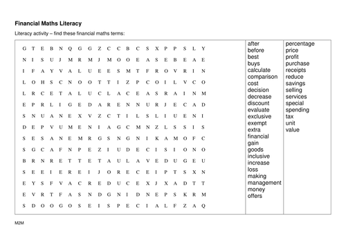 Financial Maths Word Search