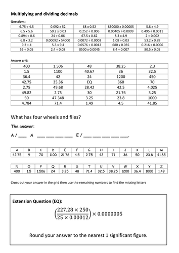 multiplying and dividing decimals code breaker teaching resources