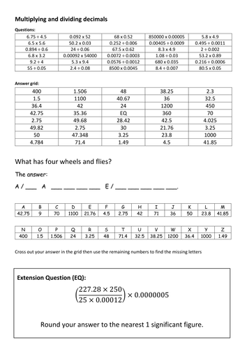 Multiplying and dividing decimals code breaker