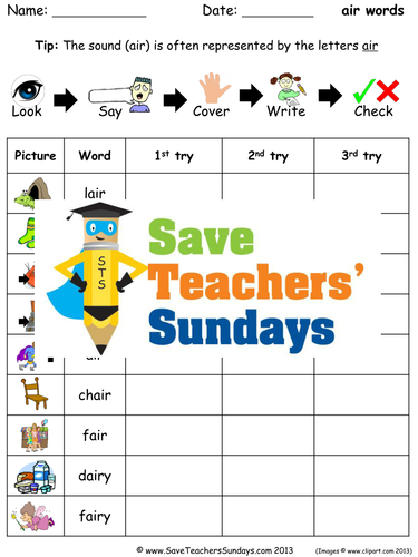 Air Words Spelling Worksheets and Dictation Sentences for Year 1