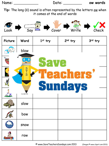 Long Ow Words Spelling Worksheets and Dictation Sentences for Year 1