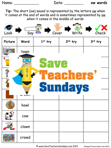 Short Ow Words Spelling Worksheets and Dictation Sentences for Year 1
