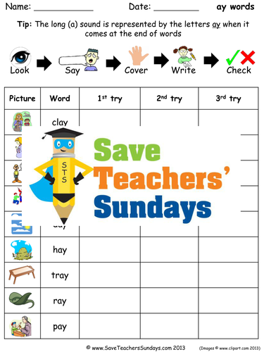 Ay Words Spelling Worksheets and Dictation Sentences for Year 1