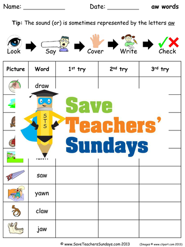 Aw Words Spelling Worksheets and Dictation Sentences for Year 1