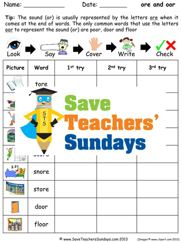 Ore and Oor Words Spelling Worksheets and Dictation Sentences for Year 1