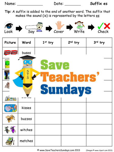 Suffix es Words Spelling Worksheets and Dictation Sentences for Year 1