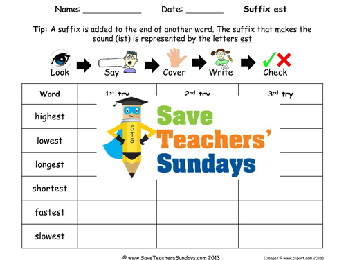 Suffix est Words Spelling Worksheets and Dictation Sentences for Year 1