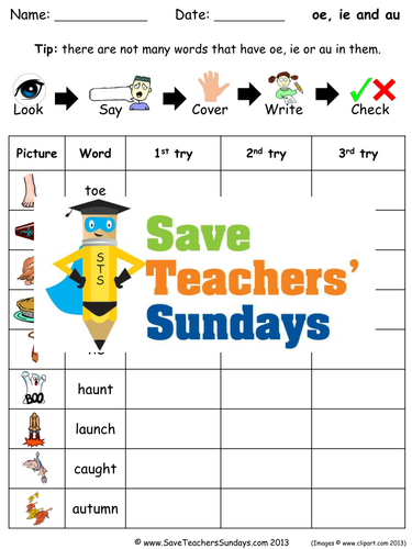 Oo, ie and au Words Spelling Worksheets and Dictation Sentences for Year 1