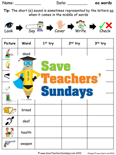 Short Ea Words Spelling Worksheets and Dictation Sentences for Year 1