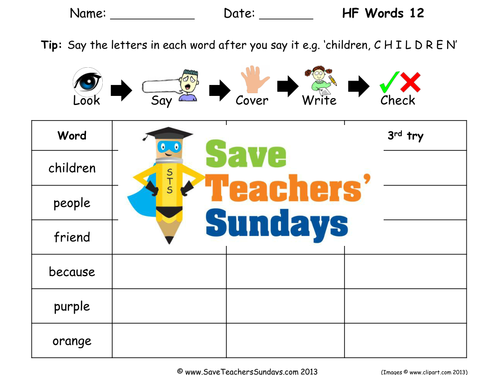 High Frequency Words (12) Spelling Worksheets and Dictation Sentences for Year 1