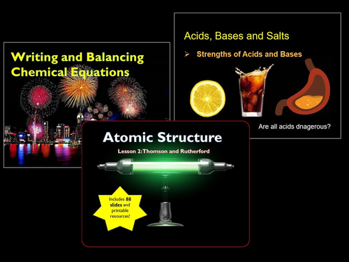 Chemistry Bundle - Great value!  Acids and Bases, Atoms and Atomic Structure, Writing and Balancing Chemical Equations