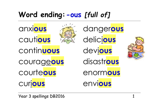 Year 3 spellings: word ending -ous. Presentation and table/group activities