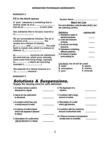 SEPARATION METHODS WORKSHEET WITH ANSWERS