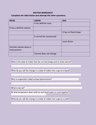 MATTER WORKSHEETS WITH ANSWERS