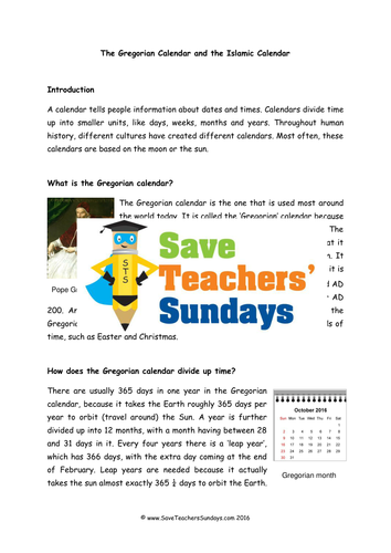 The Gregorian and the Islamic Calendars KS1 Lesson Plan, Information Text and Worksheet
