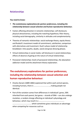 AQA new A Level Psychology Options Paper 3: Relationships- Evolutionary explanations.