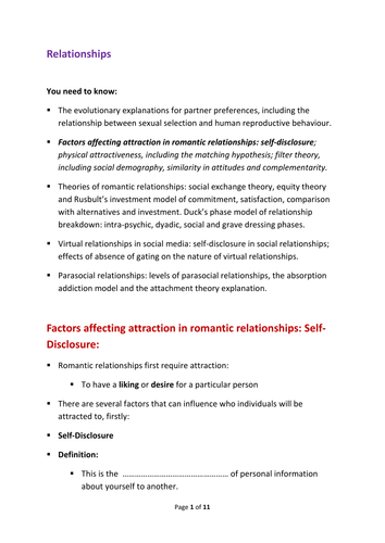 AQA new A Level Psychology Options Paper 3: Relationships- Self-Disclosure.